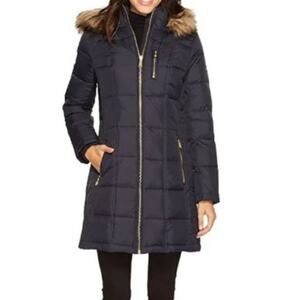 Michael Kors Down Puffer mid length Sze XL Faux Fur Hooded Coat Jacket Blue